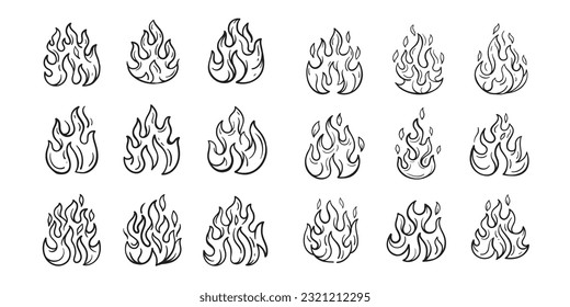 Fire and flames outline icon set. Contour bonfire, linear flaming elements. Hand drawn monochrome different fire flame vector illustration.