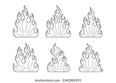 Fire and flames outline icon set. Contour bonfire, linear flaming. Hand drawn fire flames sketch. different fire flames thin line style. vector illustration. isolated on white background. Fire sign.