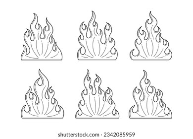 Fire and flames outline icon set. Contour bonfire, linear flaming. Hand drawn fire flames sketch. different fire flames thin line style. vector illustration. isolated on white background. Fire sign.