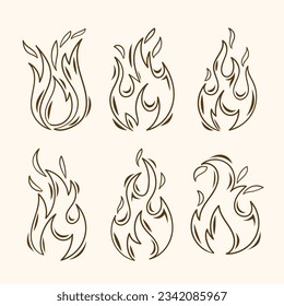 Fire and flames outline icon set. Contour bonfire, linear flaming. Hand drawn fire flames sketch. different fire flames thin line style. vector illustration. isolated on white background. Fire sign.