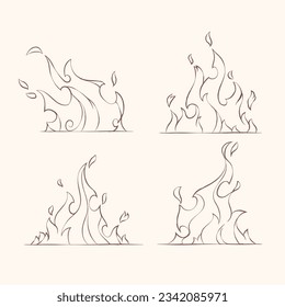 Fire and flames outline icon set. Contour bonfire, linear flaming. Hand drawn fire flames sketch. different fire flames thin line style. vector illustration. isolated on white background. Fire sign.