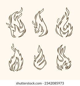 Fire and flames outline icon set. Contour bonfire, linear flaming. Hand drawn fire flames sketch. different fire flames thin line style. vector illustration. isolated on white background. Fire sign.