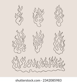 Fire and flames outline icon set. Contour bonfire, linear flaming. Hand drawn fire flames sketch. different fire flames thin line style. vector illustration. isolated on white background. Fire sign.