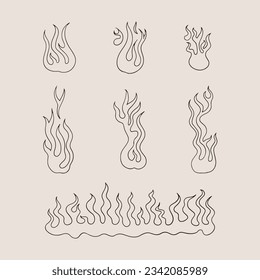 Fire and flames outline icon set. Contour bonfire, linear flaming. Hand drawn fire flames sketch. different fire flames thin line style. vector illustration. isolated on white background. Fire sign.