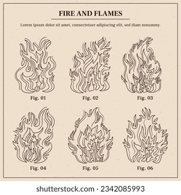 Fire and flames outline icon set. Contour bonfire, linear flaming. Hand drawn fire flames sketch. different fire flames thin line style. vector illustration. isolated on white background. Fire sign.