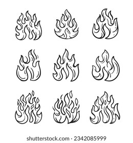 Juego de iconos de contorno de fuego y llamas. Fuego de contorno, inflamación lineal. Esbozo de llamas de fuego por mano. diferentes llamas de fuego flamean el estilo de la línea delgada. ilustración vectorial. aislado de fondo blanco. Señal de fuego.