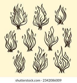 Juego de iconos de contorno de fuego y llamas. Fuego de contorno, inflamación lineal. Esbozo de llamas de fuego por mano. diferentes llamas de fuego flamean el estilo de la línea delgada. ilustración vectorial. aislado de fondo blanco. Señal de fuego.