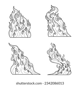 Umriss-Symbolsatz für Feuer und Flammen. Unberührtes Feuer, lineares Flammen. Handgezeichnete Flammenskizze. verschiedene Feuer flammen dünn Linie Stil. Vektorgrafik. einzeln auf weißem Hintergrund. Feuerzeichen.