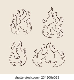 Fire and flames outline icon set. Contour bonfire, linear flaming. Hand drawn fire flames sketch. different fire flames thin line style. vector illustration. isolated on white background. Fire sign.