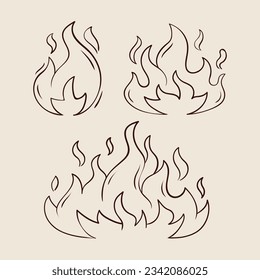 Fire and flames outline icon set. Contour bonfire, linear flaming. Hand drawn fire flames sketch. different fire flames thin line style. vector illustration. isolated on white background. Fire sign.