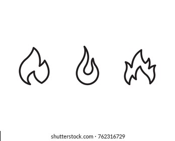 Fire flames outline icon set. Different flat line flame symbols. Vector stroke icons