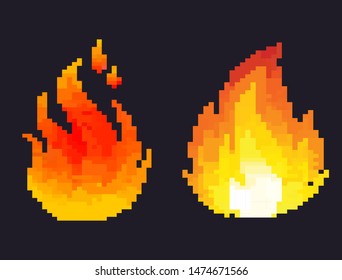 Fire flames pixel icons set