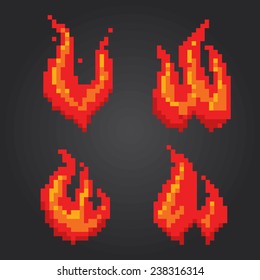 Fire flames pixel icons set. Old school computer graphic style.