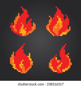Fire flames pixel icons set. Old school computer graphic style.