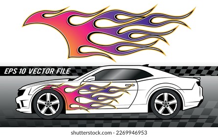 Fire flames racing car decal vector art graphic. Burning tire and flame sports car body side vinyl decal. Side speed decoration for cars, auto, truck, boat, suv, motorcycle.