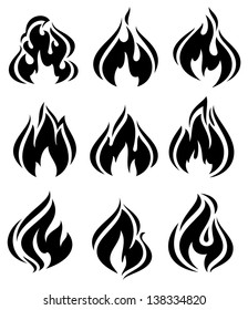 Fire flames, set black icons, vector illustration