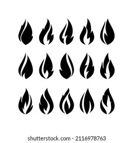 Fire flames, set black icons, vector illustration