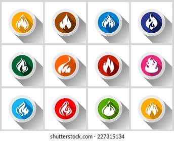 Fire flames, set buttons with shadow in circle shape-02