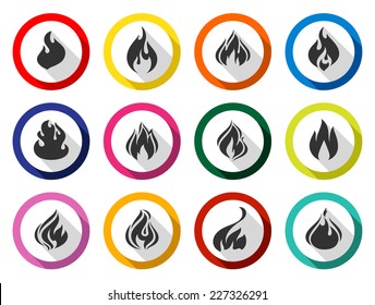 Fire flames, set buttons with shadow in circle 02