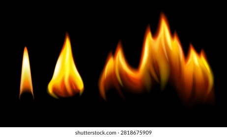 Fire flames set candle bonfire blaze realistic. Hot orange yellow glow energy effect vector art. Food advertising spice heat cosmetic beauty medicine pharmaceutical poster banner packaging label branding marketing social media. Black background gradient vector illustration.