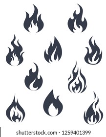 Fire Flames. Set Flat black pictogram. Burn vector graphic. Ignite design collection. Different dark Fire icons