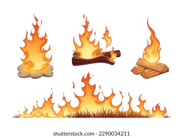 Fire flames set in flat style with burning wood grass and campfire fenced with stones isolated vector illustration