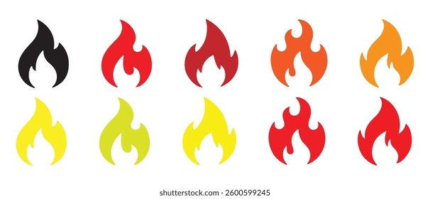 Fire flames set, icon collection. Fire flame symbol. Bonfire silhouette, vector, line art icon, logo design on white background. Campfire symbol. Fire icon, silhouette. Bonfire vector illustration.