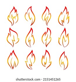 Fire flames, set icons, made orange linear style
