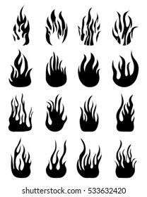 Fire flames, set icons on a white background