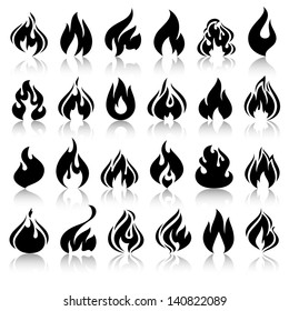 Fire flames, set icons with reflection, vector illustration