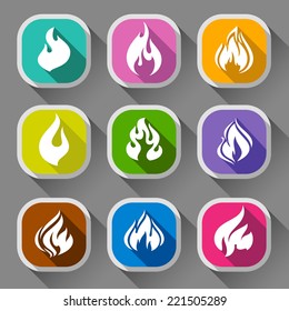 Fire flames, set icons with shadow on a rounded square shape 01