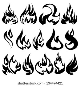 Fire flames, set icons, vector illustration