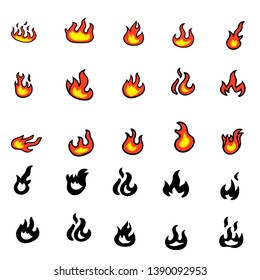 Fire flames, set icons, vector illustration. Cartoon Fire Flames Set Light Effect for Web, Game Design Flat Style.