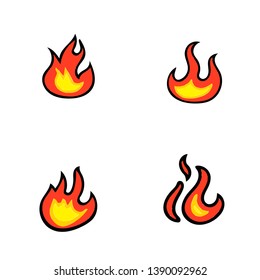 Fire flames, set icons, vector illustration. Cartoon Fire Flames Set Light Effect for Web, Game Design Flat Style.