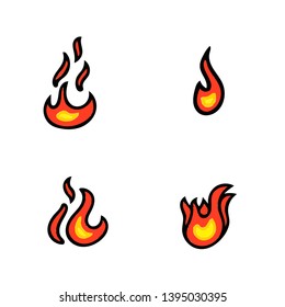 Fire flames, set icons, vector illustration. Cartoon Fire Flames Set Light Effect for Web, Game Design Flat Style.