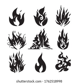 Fire flames, set icons, vector illustration. Hand drawn sketch fire flame