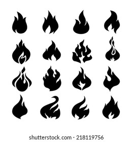 Fire flames, set icons. Vector illustration.