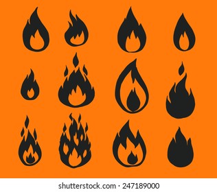 Fire flames, set of icons, vector illustration