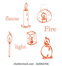 Fire flames, set icons, vector illustration