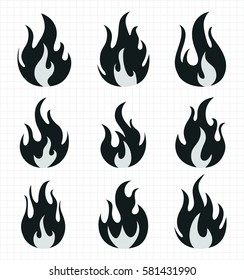Fire flames, set icons, vector illustration