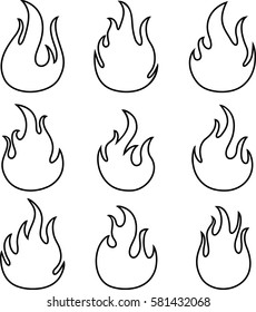 Fire flames, set icons, vector illustration