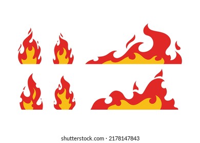 Fire flames set. Insulated bright red and orange flames, warning signs of flammable objects. Flat design vector
