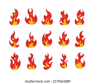 Fire flames set. Insulated bright red and orange flames, warning signs of flammable objects. Flat design vector