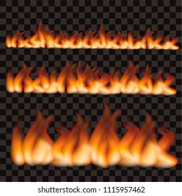 Fire flames set isolated on transparent background, vector illustration. 