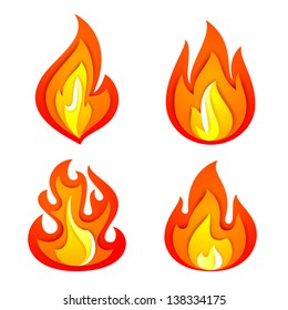 Fire flames set, isolated on white background. Vector illustration