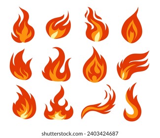 Fire flames set isolated on white background. Vector illustration.