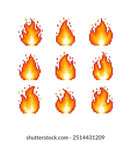 Fire flames set isolated on transparent background. Bonfire icons. Warning signs of flammable objects. Burning effects. Vector pixel art illustration in 16 bit style.
