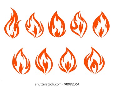 Fire flames set isolated on white background. Vector illustration