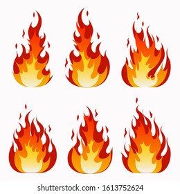 Fire Flames Set and Line Light Effect.  Fires image, hot flaming ignition, flammable blaze heat explosion for Web,Flat Style. Vector illustration