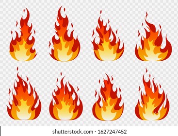 Fire Flames Set and Line Light Effect.  Fires image, hot flaming ignition,for Web, Game Design Flat Style. Vector illustration